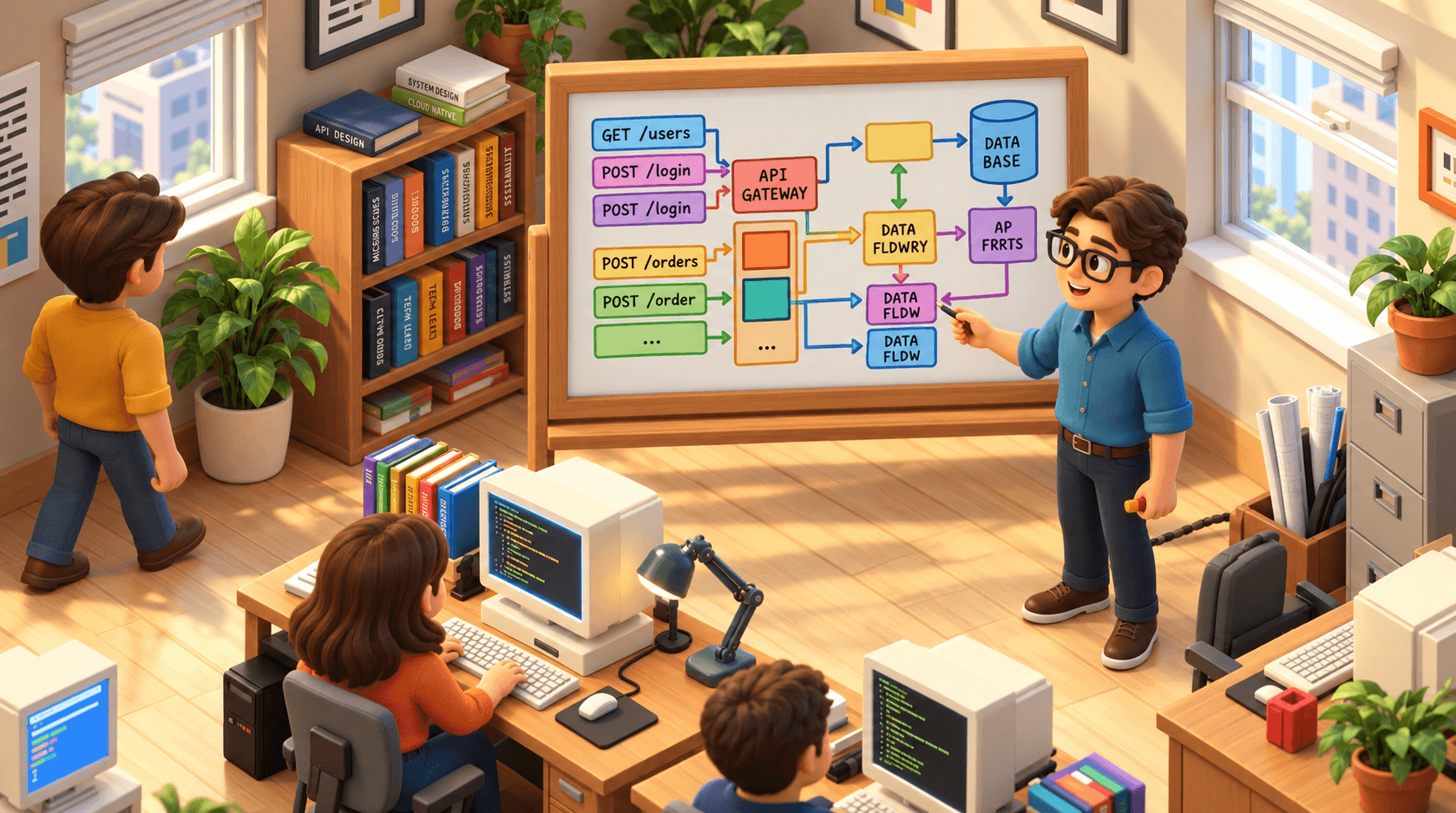 Sims-like illustration of Repo Ingestion & Architecture Blueprint in the DocuHub virtual office